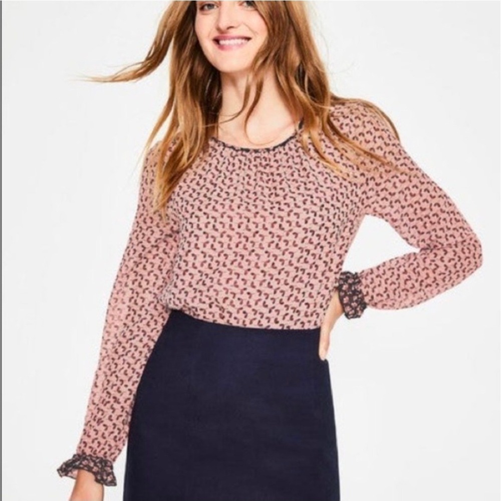 Boden Milkshake Clover Ivy Jersey Knit  Blouse‎ 12Pink Ruffle Cuff Mixed Media
